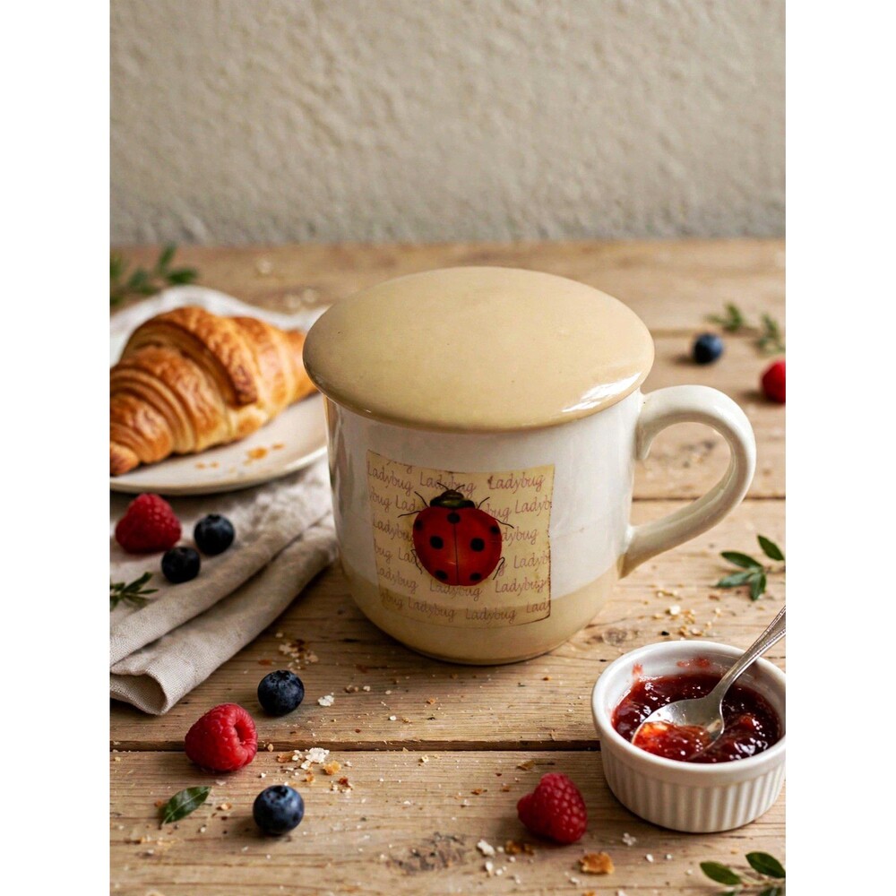 Ceramic Ladybug Novelty Coffee Mug w/ Lid, 10-18 oz, Beige/White Red/Black